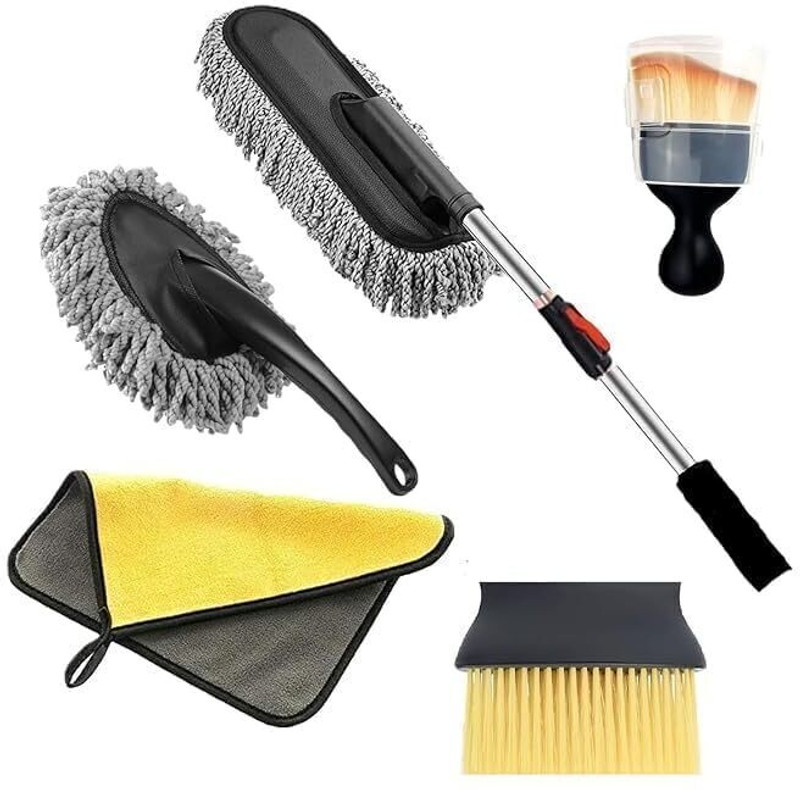 Flexi Madhav 5 Pcs Car Cleaning Brush|Interior & Exterior| With Long Handle Brush Car Cloth Wet And Dry Duster Set(Pack Of 5)