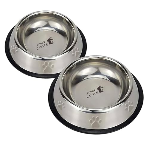 Furry Castle Stainless Steel Dog Bowl, Pet Feeder Water Food Bowl Non-Slip Puppy Dishes For Medium To Large Dogs | Bowl With Anti-Skid Rubber Base (Silver, 700Ml Pack Of 2)