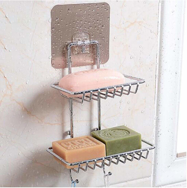 Akhand Sales Self Adhesive Sticker 2 Tier Holder For Bathroom/Stand/Soap Dish Stainless Steel Wall Shelf(Number Of Shelves – 1, Steel)