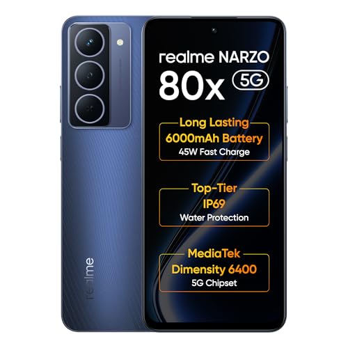 Realme Narzo 80X 5G (Deep Ocean,6Gb+128Gb) | Dimensity 6400 5G Chipset | 6000Mah Long-Lasting Battery | 45W Fast Charge | 120Hz Eye Comfort Display | Ip69 Top-Tier Waterproof