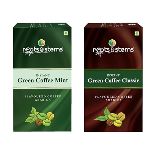 Roots & Stems Instant Green Coffee Mint Classic Premix Extract Powder With Probiotic In Sachets | Arabica, Robusta Flavoured Coffee | 100G (5Gx20 Sachets) Pack Of 2