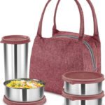 Milton Bling Bag Tiffin 3 Containers 320Ml & 1 Tumbler 380Ml With Jacket Maroon 4 Containers Lunch Box(1340 Ml)