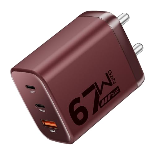 Boat 67W Gan Charger, Ultra-Fast Triple Port Charging With Auto-Detect, Gan Chip Tech, Compact & Lightweight, Heat & Corrosion Resistant, Smart Ic Protection(Monarch Red)