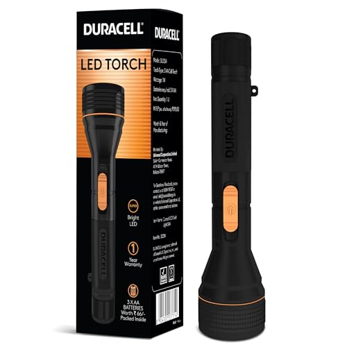 Duracell Led Torch Light, Super Bright, 12000 Lux, Ultra-Light And Easy To Carry Design, Large Reflector, For Everyday Use, 3Aa Batteries Free, Black