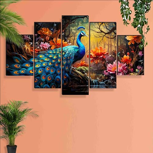Saf Peacock Paintings For Wall Decoration – Set Of Five, 3D Scenery Vastu Painting For Living Room Large Size With Frames For Home Decoration, Hotel, Office 76.2 Cm X 45 Cm Sanfpnls35471