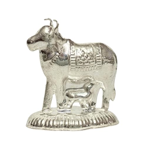Vail Creation German Silver Kamdhenu Cow And Calf Idol Decoration For Pooja Room Gift Worship Office Home Decor Items | Silver Cow And Calf Statue