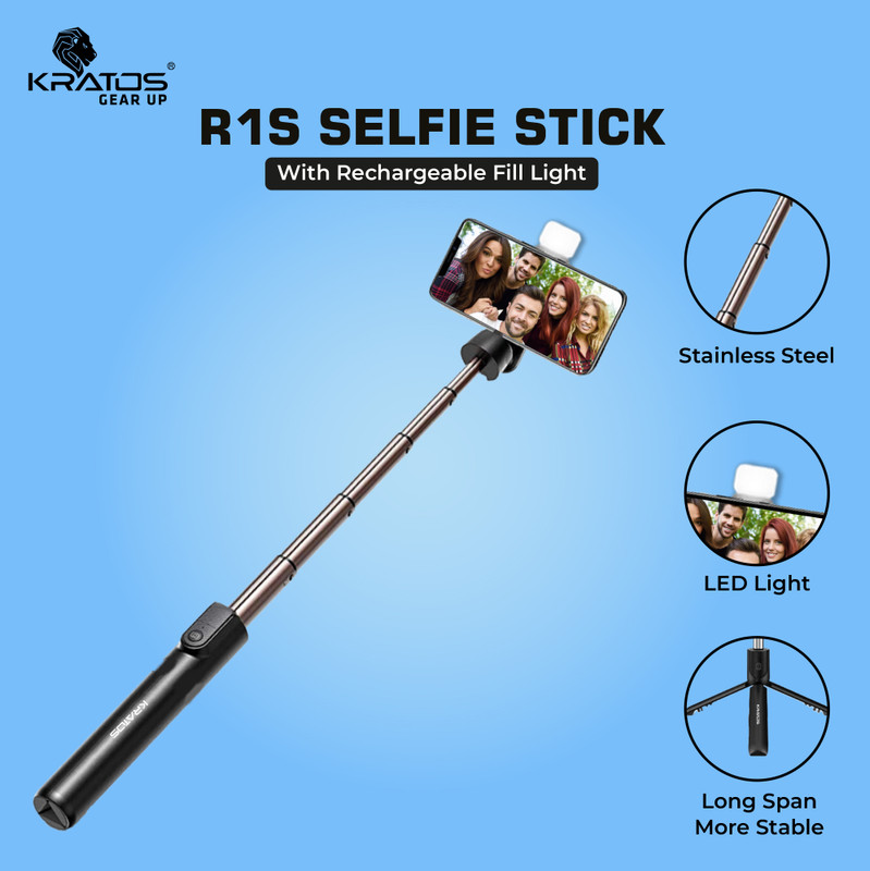 Kratos Bluetooth Selfie Stick | Tripod & Holder | Extendable | 360� Rotation Bluetooth Selfie Stick(Black, Remote Included)