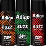 Adigo Buzz Wild| Casual | Intense 24Hrs Long Lasting Deodorant | 165Ml Each Deodorant Spray  –  For Men(165 Ml, Pack Of 3)