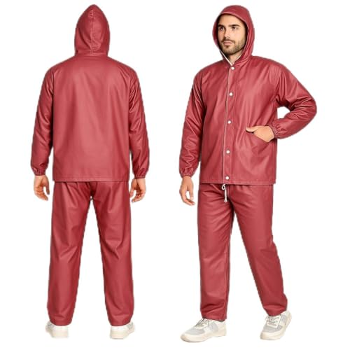 Hacer Wood Raincoat Set With Drawstring Hem Adjustable Hood & Pants Rain Gear Wet Weather Protection Rainsuit With Carrying Pouch (Xxl, Maroon)