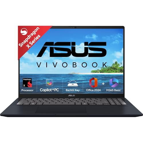 Asus Vivobook 16,Snapdragon X,Copilot+ Ai Pc(Qualcomm Adreno Igpu/45Tops/16Gb Ram/512Gb Ssd/Fhd+/16″/Backlit Keyboard/Windows 11/M365 Basic (1Year)*/Office Home 2024/Quiet Blue/1.88 Kg)X1607Qa-Mb049Ws
