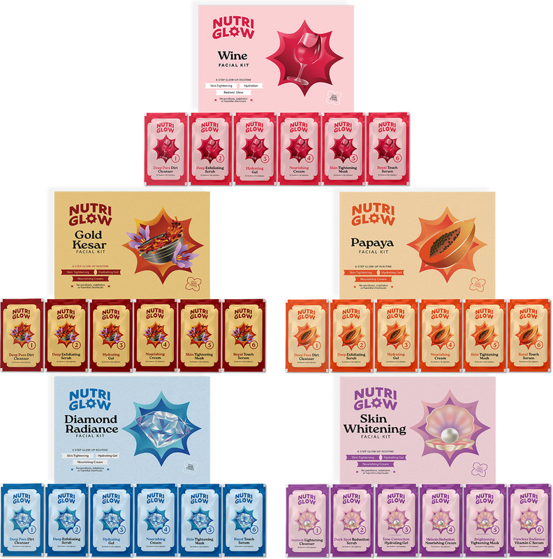 Nutriglow Natural’S Advanced Pro Formula Combo Pack Of 5 Diamond Radiance,Skin Whitening,Gold Kesar,Papaya,Wine Facial Kit 60Gm Each For Skin Cell Repair Reduce Pigmentation & Spotless Face(5 X 60 G)