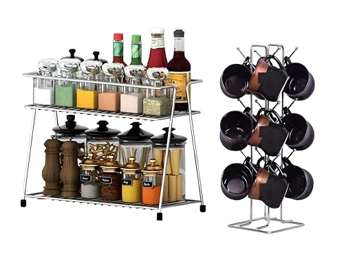Fine Arts Multipurpose Stainless Steel Combo Spices 2-Tier Trolley And Cup Stand Kitchen Storage Shelf Shelves Coffee Mug Holder Stand Rack 12 Hooks For Cups & Mugs (Combo-2) Tiered Shelf