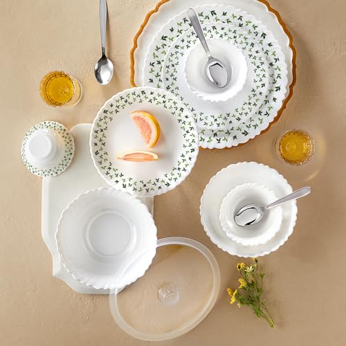 Larah By Borosil Silk Series Sage Opalware Dinner Set With Steel Spoon | 41 Pcs For Family Of 6 | Microwave & Dishwasher Safe | Bone-Ash Free | Crockery Set For Dining & Gifting | Plates & Bowls