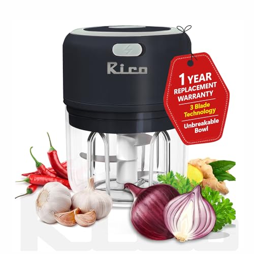Rico Japanese Technology Wireless Mini Electric Chopper | 1 Year Replacement Warranty | Unbreakable Bowl | One Touch Operation | 10 Seconds For Mincing Garlic, Ginger, Onion, Vegetable, Meat – 250 Ml
