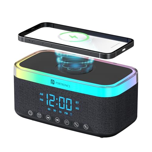 Portronics Trifusion 16W Hd Sound Bluetooth Speaker With 15W Wireless Charging, 360°Rgb Led Lights, Digital Clock With Alarm Setting, Built-In White Noise, Usb/Sd Card/Aux In, Type C Charging(Black)