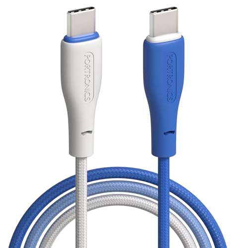 Portronics Hue X 60W Dual Tone Colour Type C Fast Charging Cable For Smartphones, Tablets,Ipads, Laptops & Other Type C Devices, 480Mbps Data Sync, Premium Braided Cable (White+Blue)