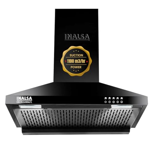 Inalsa Ekon 60Cm 1100 M³/Hr Pyramid Kitchen Chimney With Elegant Look|Push Button Control|Efficient Dual Led Lamps & Filterless|5 Year Warranty On Motor ( Ekon 60Bkfl, Black)
