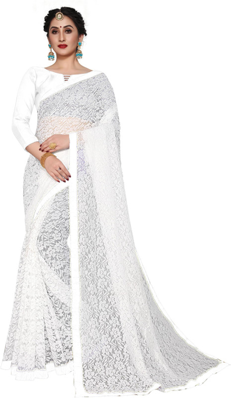 Sareeya16 Self Design Bollywood Net, Jacquard Saree(White)