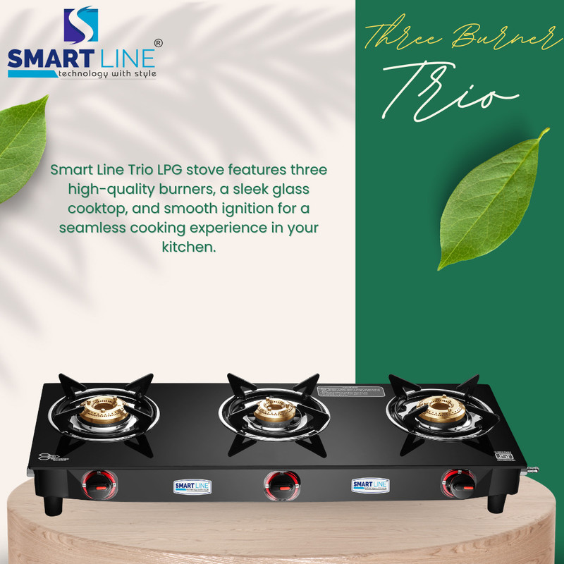 Smart Line 3 Burner Trio, Lpg Stove, Black Color, Isi Marked, 1 Year Warranty Iron Manual Gas Stove(3 Burners)