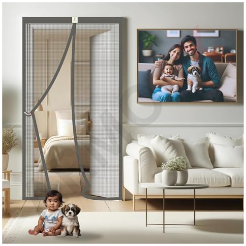 Armorx High Tensile Polyester Magnetic Door Mosquito Net, Self Closing Magnets With Buckle Strap, Protection From Insects, Pets & Kidsfriendly | Classic Grey -210Cm X 100Cm