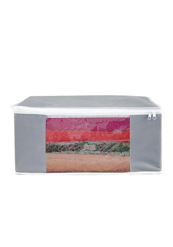 Jeyang Non Woven Saree Cover And Cloth Organizer With Transparent Window For Wardrobe Storage For Towels, Bedsheets, Clothes, Sarees And Lehenga (Grey, Pack Of 1)