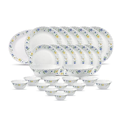 La Opala Diva, Classique Collection, Opal Glass Dinner Set 27 Pcs, Twilight Bouquet, White