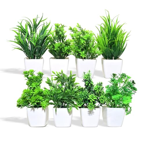 Mimicrops Artificial Plants With Pot 8 Pack | Realistic Looking | Multi Variety | Durable Plastic | No Maintenance | Home Decor | Dimensions: 5 Cm X 15 Cm (Pack Of 8)