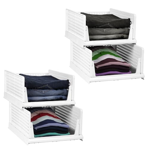 Story@Home Big Size 4 Pieces Wardrobe Organizer For Storage 43X33X18.5 Cm | Polypropylene Foldable & Stackable Closet Basket | Cupboard Organizer For Clothes – Space Saver For Kitchen(White), Clothing