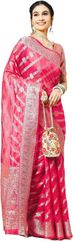 Houseofcommon Solid/Plain Bollywood Organza Saree(Pink)