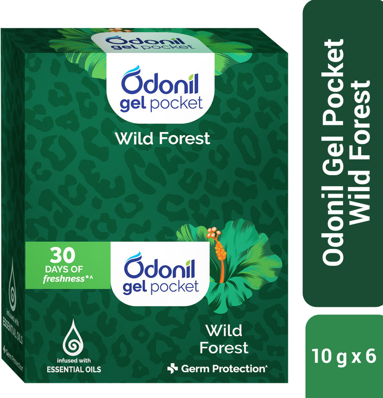 Odonil Wild Forest Blocks Gel Pocket | Infused With Essential Oils | Germ Protection | Lasts Up To 30 Days(6 X 10 G)