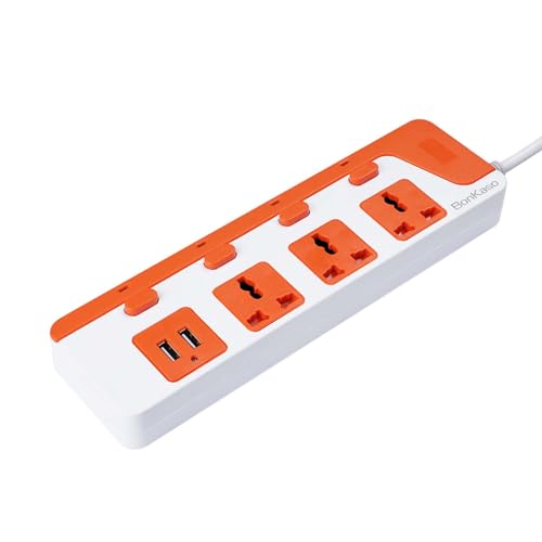 Bonkaso 3-Socket Power Strip With Dual Usb – 3Ac Sockets, 2 Usb, 1.5M Cord Length, 1500 W, Compact 26Cm Size, Ultra-Light 500G (White & Orange)