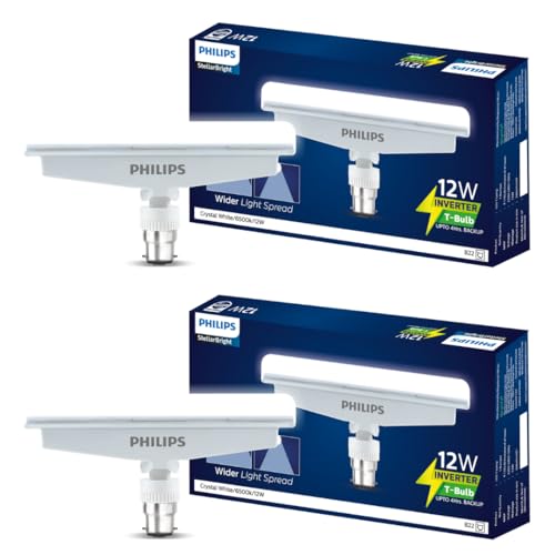 Philips 12W Emergency T-Bulb | Rechargeable Emergency Inverter T-Bulb For Hall & Home | Bulb Base : B22, Colour : Crystal Light, Pack Of 2