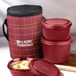 Classic Essentials Microwave Safe Stainless Steel | Insulated Fabric Bag | Leak Proof 3 Containers Lunch Box(1250 Ml, Thermoware)