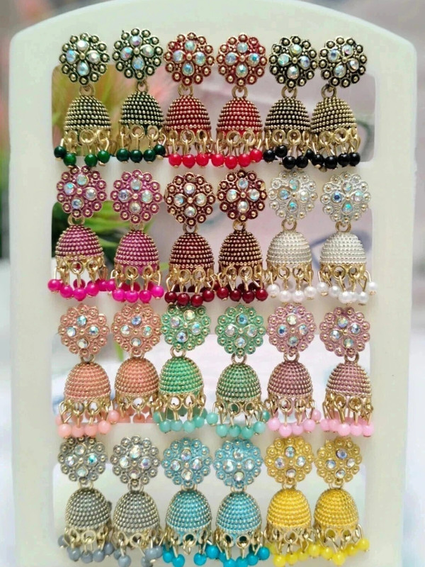 Dew Mat Small And Simple Pack 12 Pair Women Cubic Zirconia, Diamond Alloy Jhumki Earring