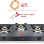 Prestige Atlas Plus Toughened Top With Lighter Knife And Hose Pipe Glass Manual Gas Stove(3 Burners)