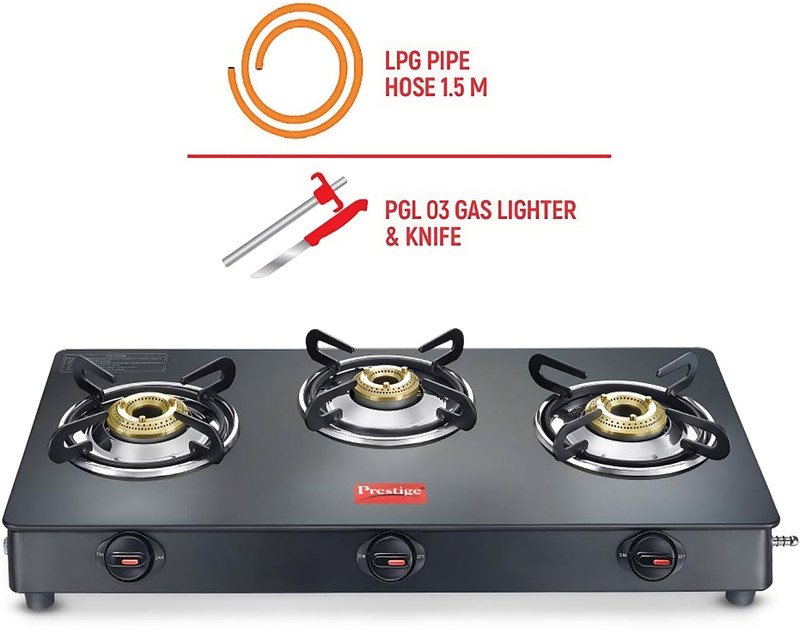 Prestige Atlas Plus Toughened Top With Lighter Knife And Hose Pipe Glass Manual Gas Stove(3 Burners)