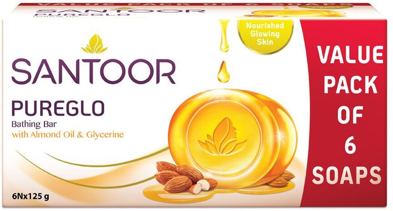 Santoor Pureglo Glycerine Bathing Bar Soap With Almond Oil For Nourished & Glowing Skin(6 X 125 G)