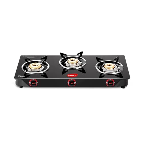 Pigeon By Stovekraft Aster 3 Burner Gas Stove With High Powered Brass Burner Gas Cooktop, Cooktop With Glass Top And Powder Coated Body, Black, Manual Ignition, Standard (14267)