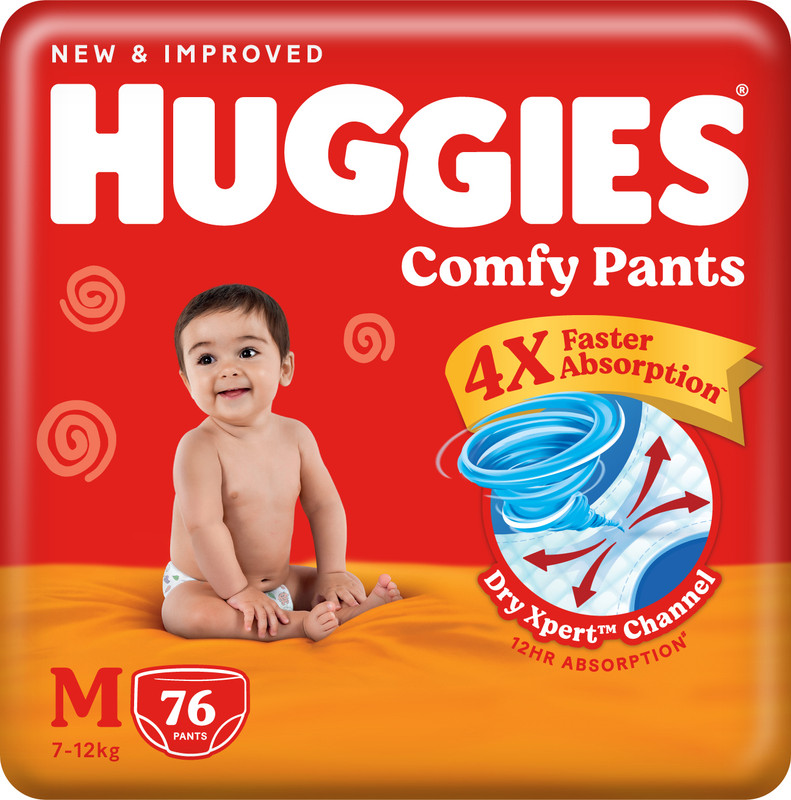 Huggies Comfy Baby Diaper Pants, Upto 50% Faster Absorption – M(76 Pieces)