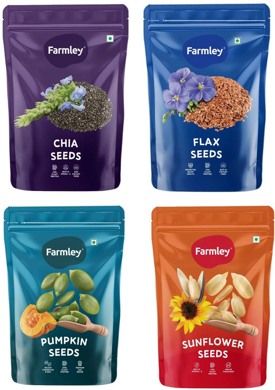 Farmley Premium Seeds 800G, Combo Pack Of 4(Each 200G) Chia Seeds, Brown Flax Seeds, Pumpkin Seeds, Sunflower Seeds(4 X 200 G)