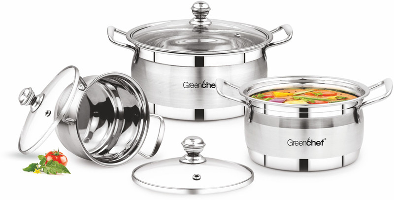 Greenchef Cook And Serve 3 In 1 Induction Bottom Cookware Set(Stainless Steel, 3 – Piece)