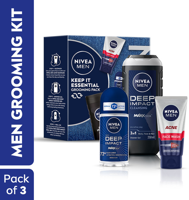 Nivea Men Combo, Gift Hamper For Men, With Body Wash, Face Wash & Roll On, Cleanser Deo Deodorant Roll-On – For Men(350 Ml, Pack Of 3)