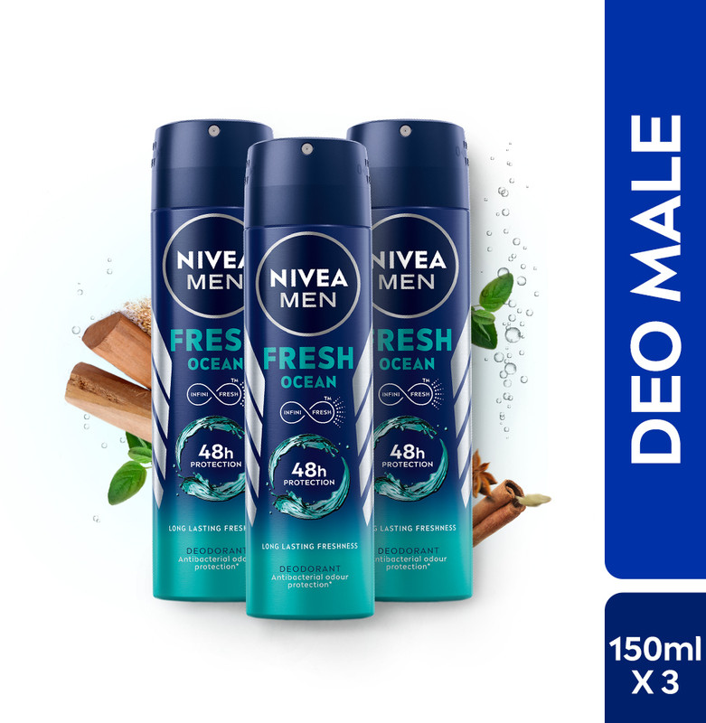 Nivea Men Fresh Ocean, Antibacterial 48H Protection, Long Lasting, Fresh Ocean Extracts Deodorant Spray  –  For Men(450 Ml, Pack Of 3)