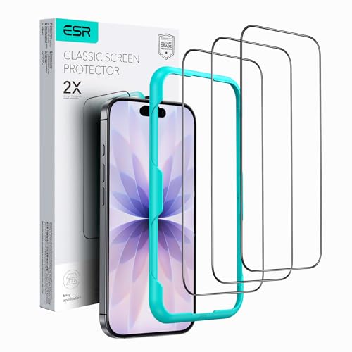 Esr 3 Pack For Iphone 17/16 Pro Tempered Glass Screen Protectors, High Clarity, 9H Hardness Scratch Resistant, Military-Grade, Shatterproof, Screen Guard With Easy Installation Tool