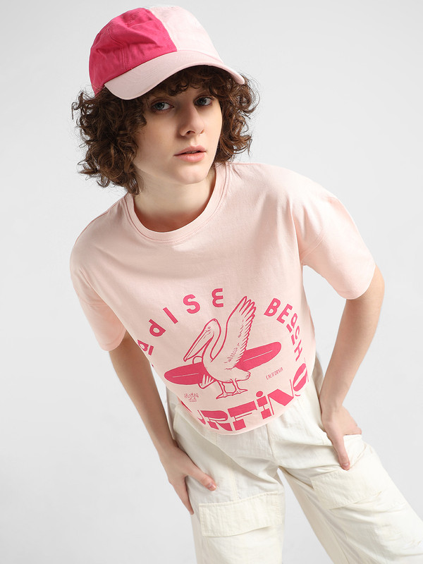 Only Printed, Typography Women Round Neck Pink T-Shirt