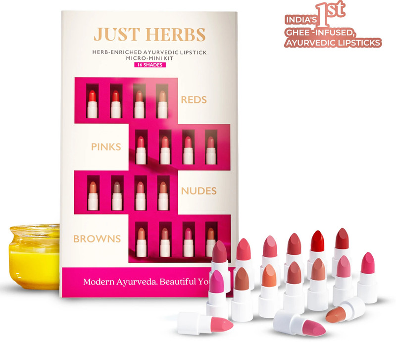 Just Herbs Herb-Enriched Ayurvedic Intense Colour Micro Mini Lipstick Set – 16 Shades(Multicolor, 9.6 G)