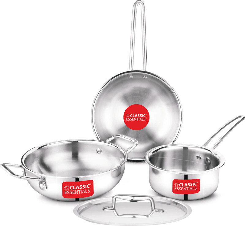 Classic Essentials Triply Kadhai With Lid 22Cm, Saucepan 16Cm, Frypan 22Cm Combo Induction Bottom Cookware Set(Triply, 3 – Piece)