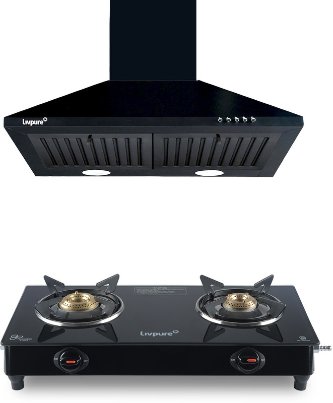 Livpure Liv-Airis-60+Liv-Zeno-2B Combo Chimney & Cooktop Combo |Pyramid Shape + 2 Burner Cooktop | Baffle Filter | 5 Year Motor Warranty |Powerful Suction | Low Noise Wall Mounted Black 1000 Cmh Chimney