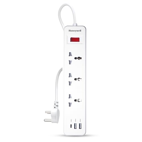 Honeywell 3 Outlet Extension Board With Master Switch, 1Xtype C & 2Xusb, 3 International Sockets, Pure Copper, 6 Advanced Safety Features, 2 Mtr Power Cord, Bis Certified, 1 Yr Warranty