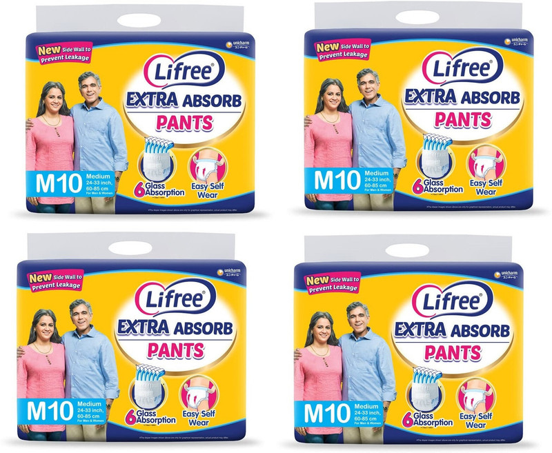Lifree Extra Absorb Adult Diaper Pants, M -40 Pcs, Waist (24-33 Inches) Pack Of 4 – M(40 Pieces)